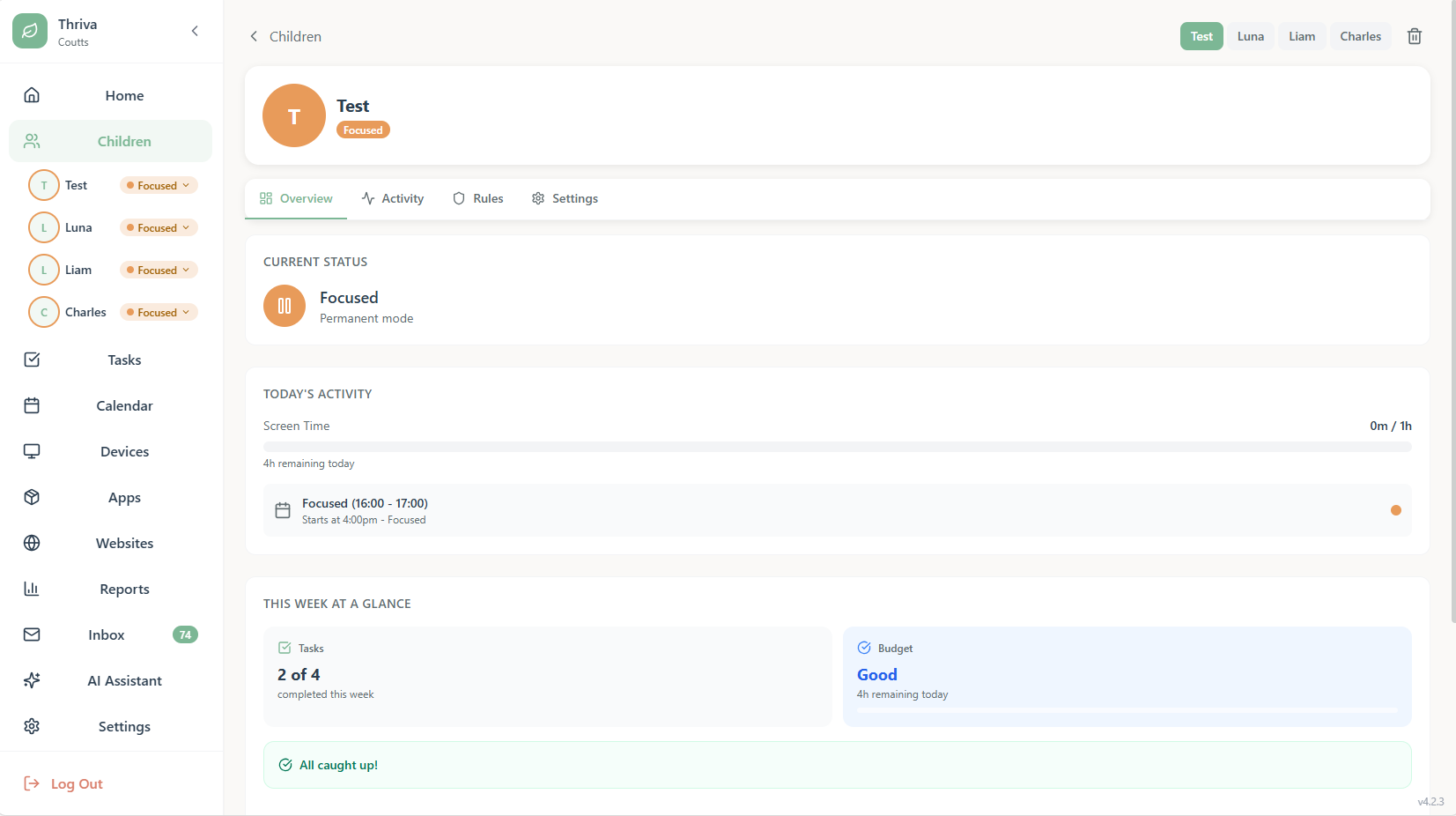 Child profile with activity